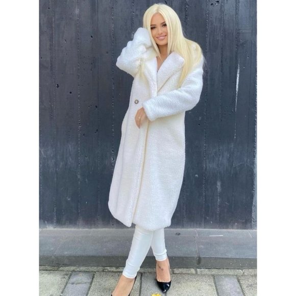 White Long Sleeve Double Breasted Loose Fit Long Maxi Teddy Bear Fur Coat - Picture 13 of 16